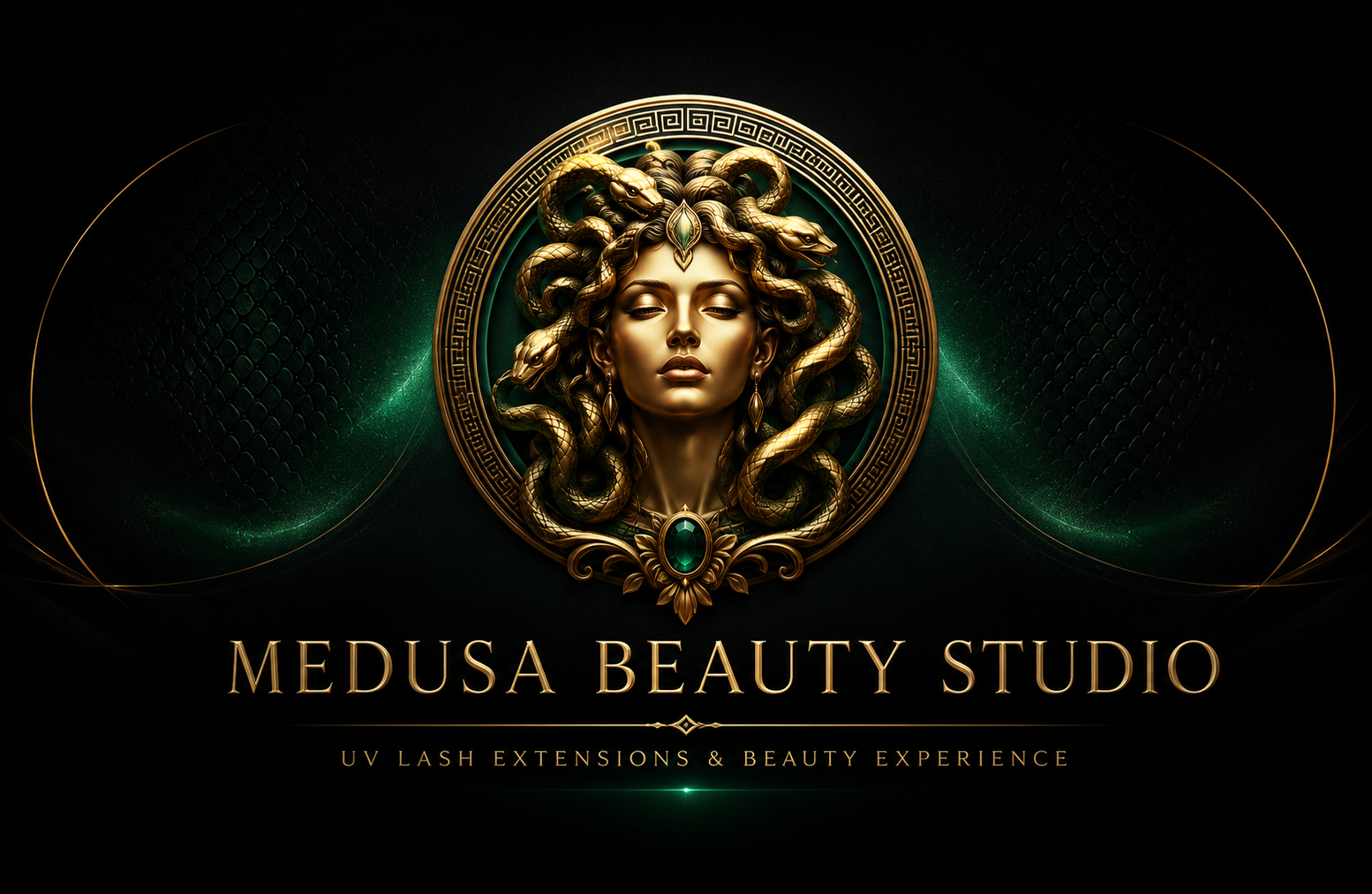 Medusa Beauty Studio gold and emerald crest
